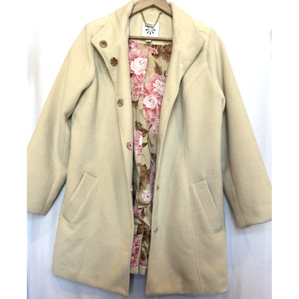 Isaac Mizrahi Womens Floral Lined Pea Coat Size 10 Cream Preppy Classic Timeless - Picture 2 of 13